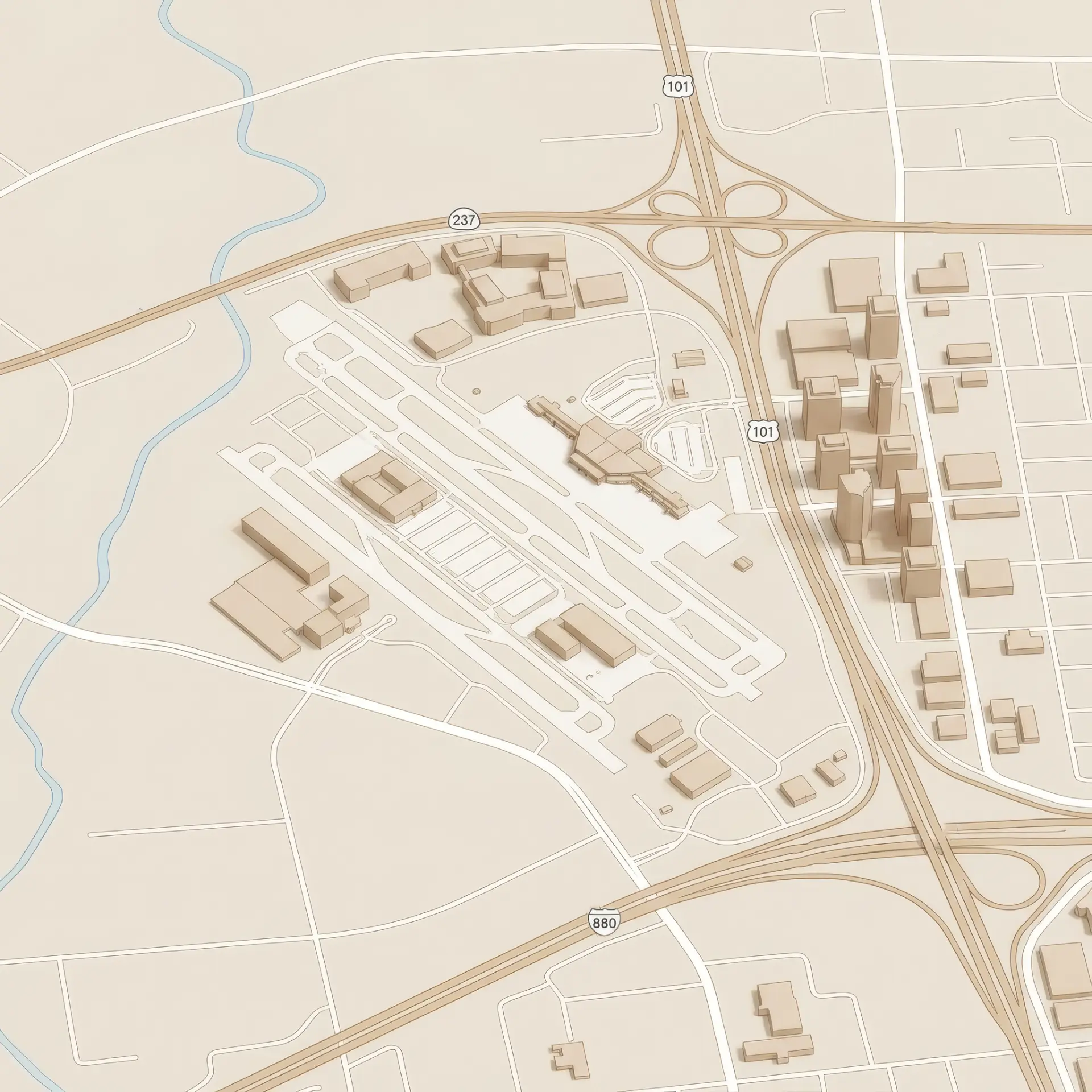 Isometric map of San José Mineta International Airport and the surrounding 101, 237, and 880 freeway corridors
