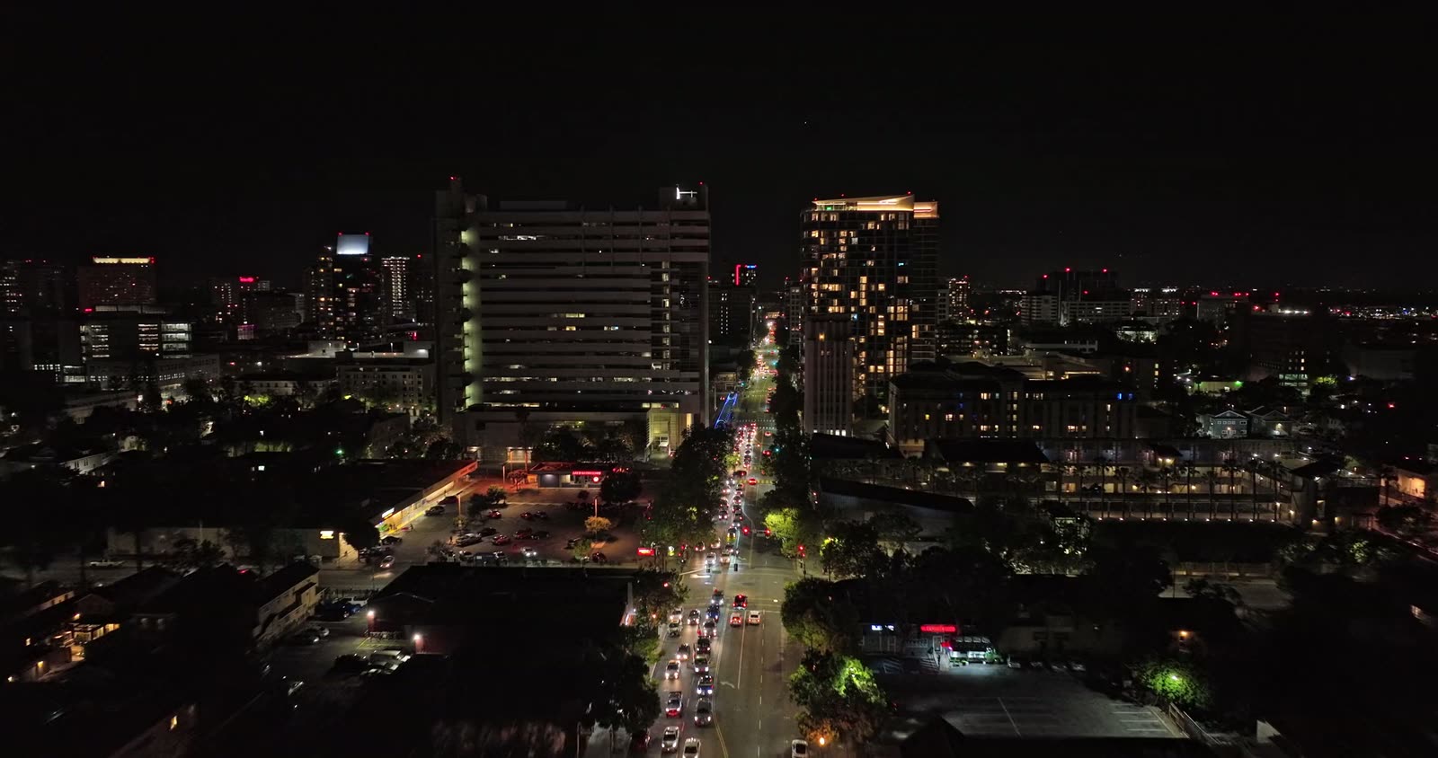 Aerial view of Silicon Valley office parks near San José International Airport at sunset